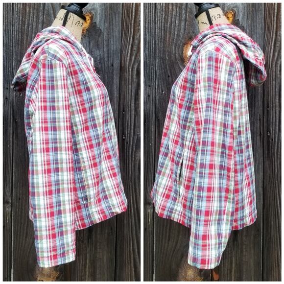 VTG Y2K Red Plaid Jacket Eddie Bauer Size M Hooded Zip Front Vintage 90s Med - Picture 2 of 10